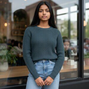 Raglan-Style‎ Crew Neck Cable Knit Sweater Dark Gray | Size M